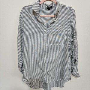 Velvet Heart Blue & White Striped Button Up – Size Medium – Roll Tab Sleeves